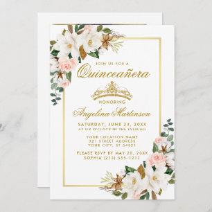 Invitation Quinceanera Magnolias Rose Floral Gold Photo