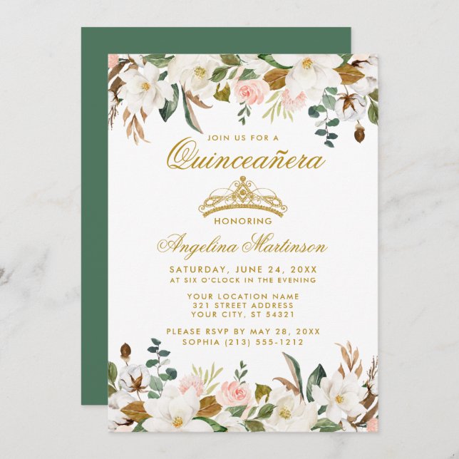 Invitation Quinceanera Magnolias Rose Floral Vert (Devant / Derrière)
