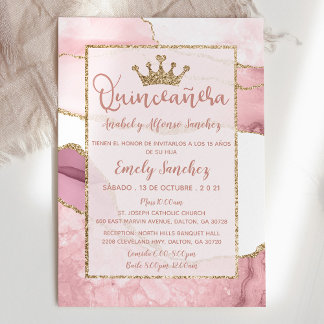 Invitation Quinceañera Marbre Agate Rose Gold Photo Espagnol