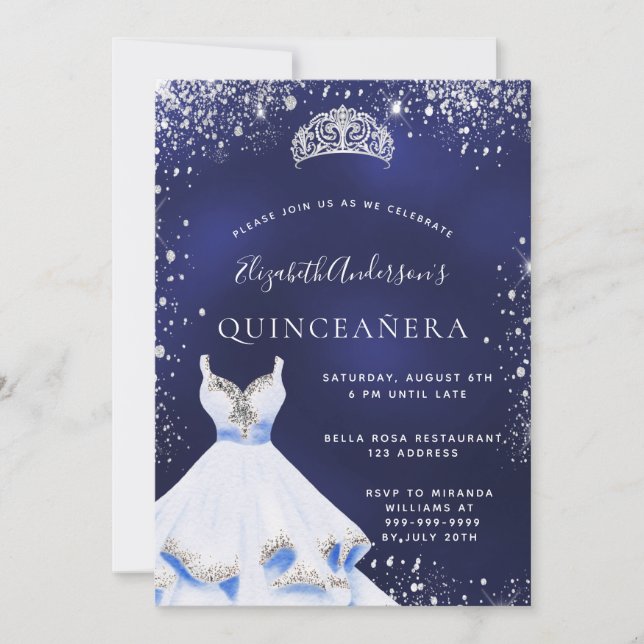 Invitation Quinceanera marine bleu argent parties scintillant (Devant)