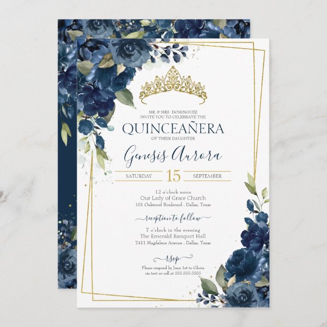 Invitation Quinceañera Marine Bleu Elegant Aquarelle Floral (Devant / Derrière)