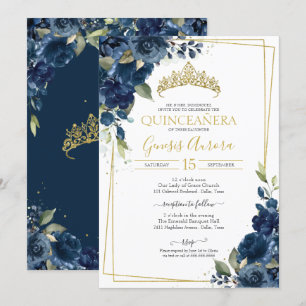 Invitation Quinceañera Marine Bleu Elégant Aquarelle Floral E