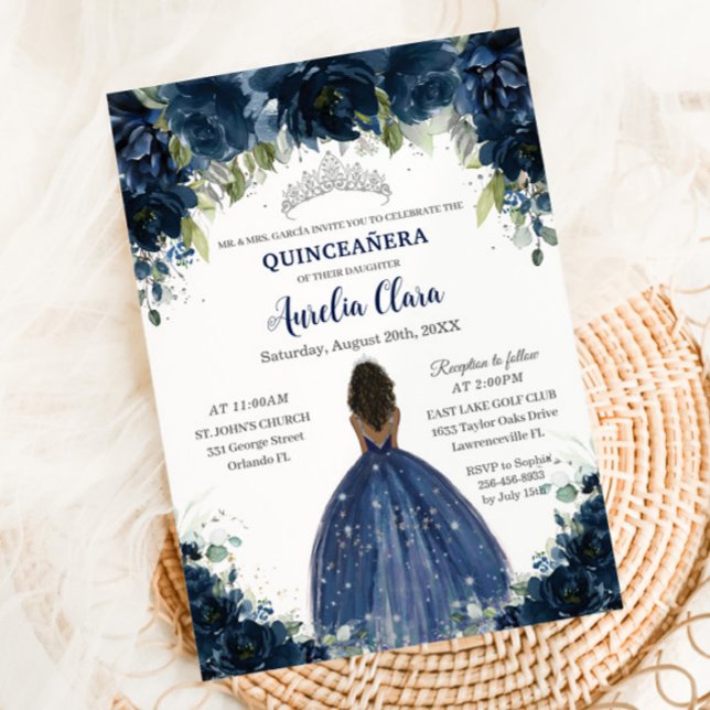 Invitation Quinceañera Marine Bleu Floral Argent Brown Prince (Créateur téléchargé)