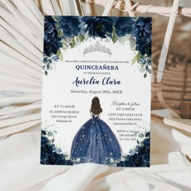 Invitation Quinceañera Marine Bleu Floral Argent Princesse Co (Créateur téléchargé)