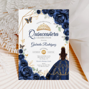 Invitation Quinceanera Marine bleu Floral robe or