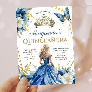Invitation Quinceañera Marine Bleu Or Tiara Floral Papillon