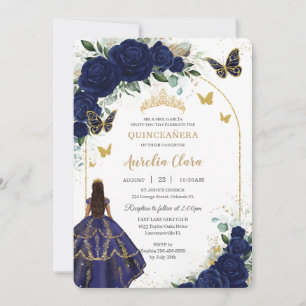 Invitation Quinceañera Marine Bleu Roses Floral Princess Gold