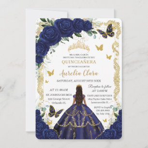 Invitation Quinceañera Marine Bleue Floral Or Princesse