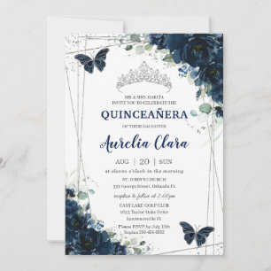 Invitation Quinceañera Marine Blue Floral Papillons Argent