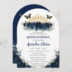 Invitation Quinceañera Marine Blue Floral Papillons Couronne