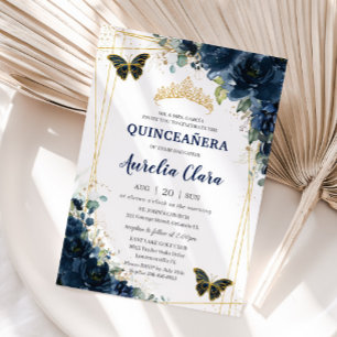 Invitation Quinceañera Marine Blue Floral Papillons Couronne
