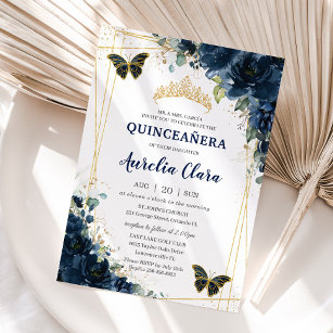 Invitation Quinceañera Marine Blue Floral Papillons Couronne