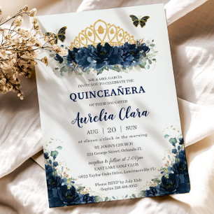 Invitation Quinceañera Marine Blue Floral Papillons Couronne