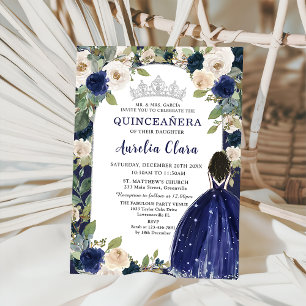 Invitation Quinceañera Marine Blue Floral Princesse Anniversa