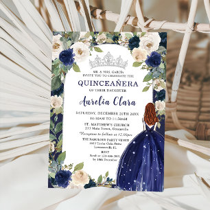 Invitation Quinceañera Marine Blue Floral Princesse Anniversa