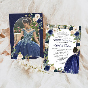 Invitation Quinceañera Marine Blue Floral Princesse Anniversa