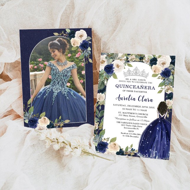 Invitation Quinceañera Marine Blue Floral Princesse Anniversa (Créateur téléchargé)