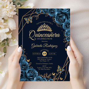 Invitation Quinceanera Marine Blue Gold Floral