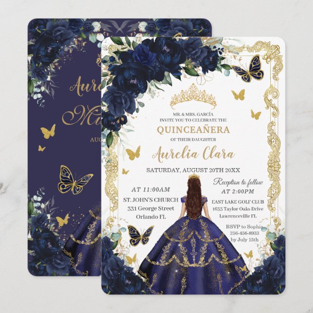 Invitation Quinceañera Marine Fleurs Bleues Or Princesse (Devant / Derrière)