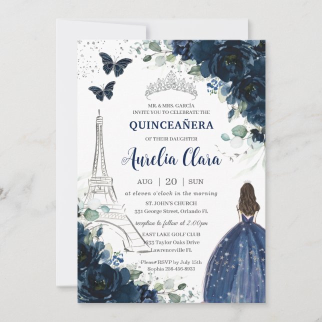 Invitation Quinceañera Marine Floral Paris Eiffel Princesse G (Devant)
