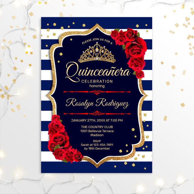 Invitation Quinceanera - Marine Gold Red (Créateur téléchargé)