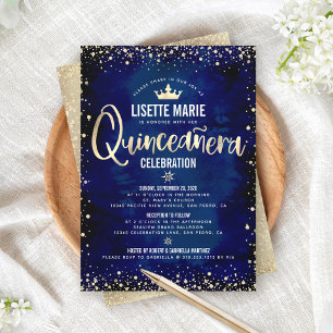 Invitation Quinceañera Marine Parties scintillant or à huile