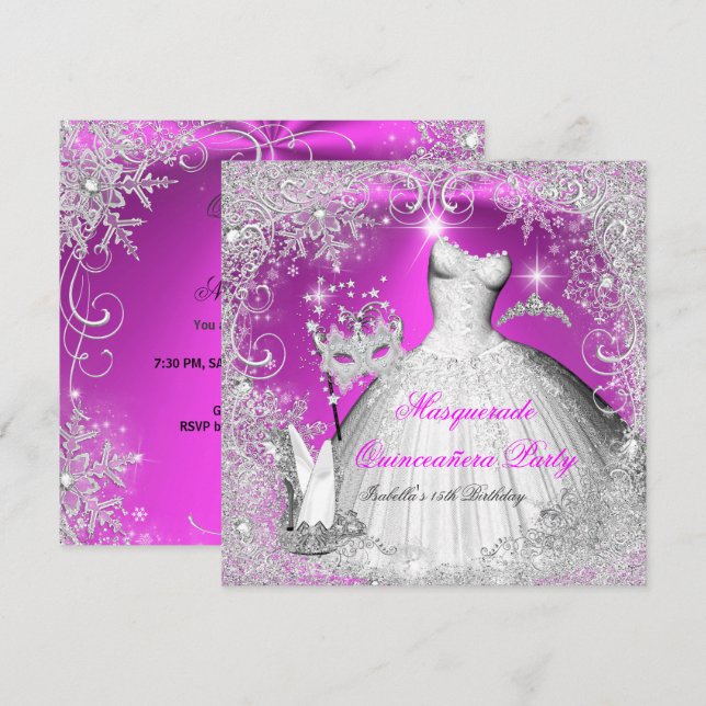 Invitation Quinceañera Mascarade Flocons de Neige Rose Blanc (Devant / Derrière)