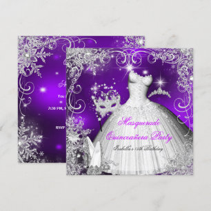 Invitation Quinceañera Mascarade Flocons de Neige Violet Blan