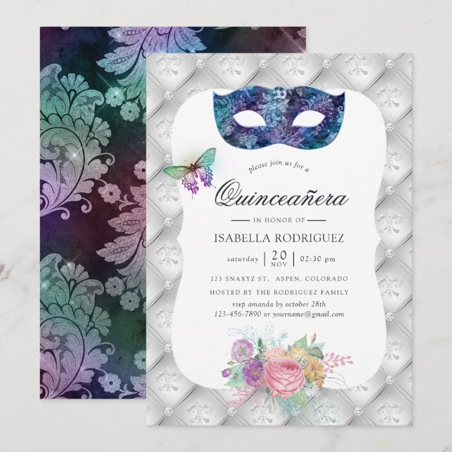 Invitation Quinceañera Mascarade Iridescente (Devant / Derrière)