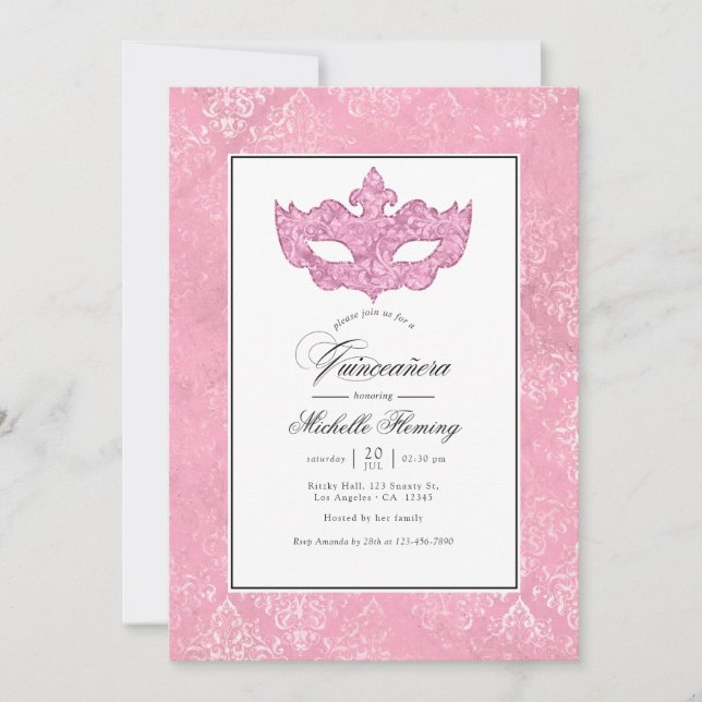 Invitation Quinceañera Mascarade Rose (Devant)