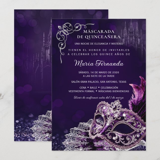 Invitation Quinceañera Mascarade Violet Argent Élégant (Devant / Derrière)