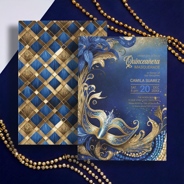 Invitation Quinceanera Masquerade Blue Gold ID1031 (Créateur téléchargé)