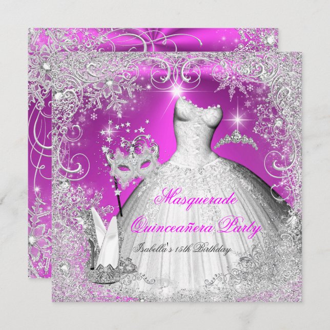Invitation Quinceanera Masquerade Flèches blanches roses (Devant / Derrière)