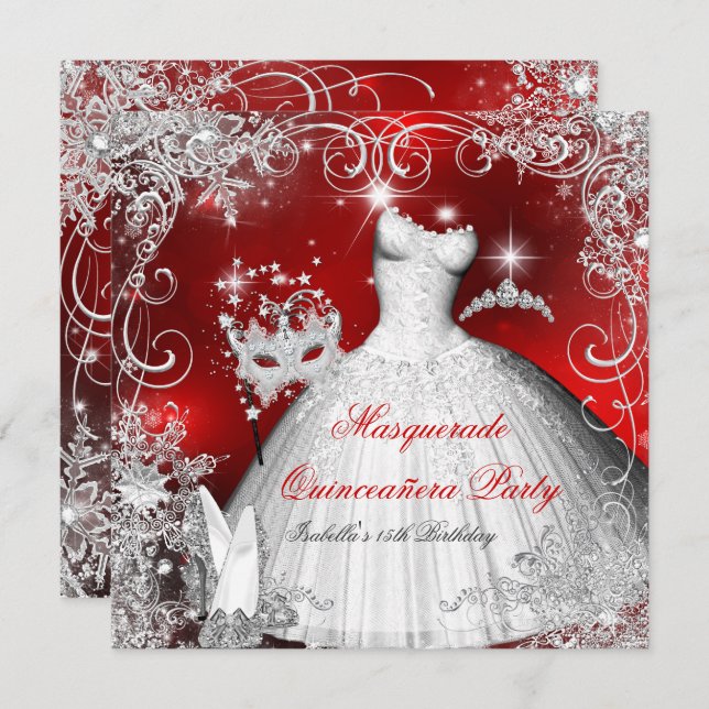 Invitation Quinceanera Masquerade Rouge Blanc Snowflakes 2 (Devant / Derrière)