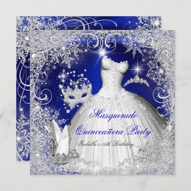 Invitation Quinceanera Masquerade Royal Bleu Blanc Snowflakes (Devant / Derrière)