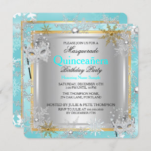 Invitation Quinceanera Masquerade Turquoise Flakes de neige e