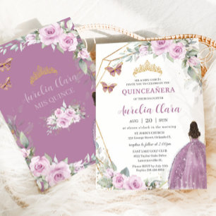 Invitation Quinceañera Mauve Floral Butterfly Princess Robe