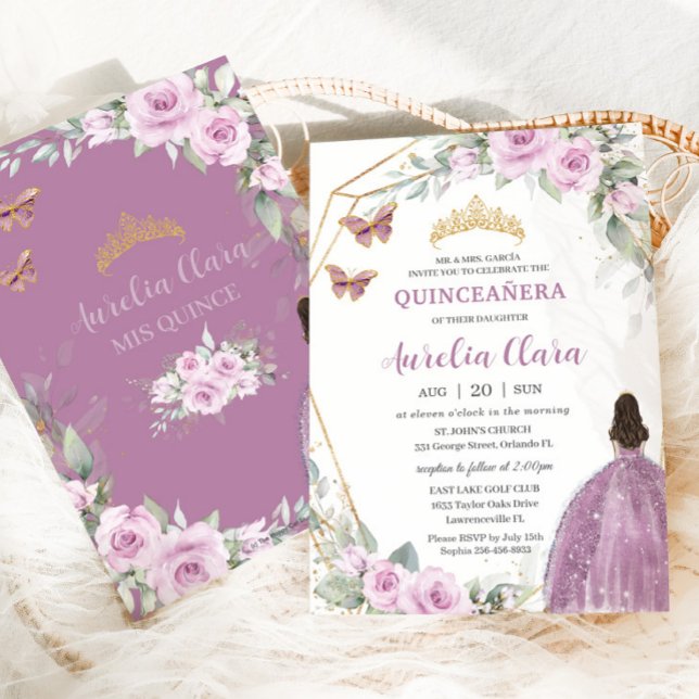 Invitation Quinceañera Mauve Floral Butterfly Princess Robe (Créateur téléchargé)