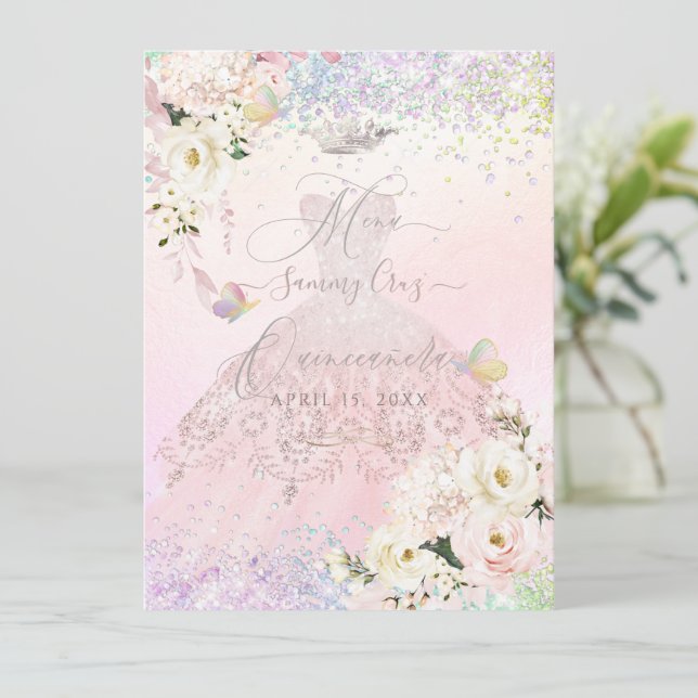 Invitation Quinceanera Menu Holographique Mariposa Blush Pink (Debout devant)