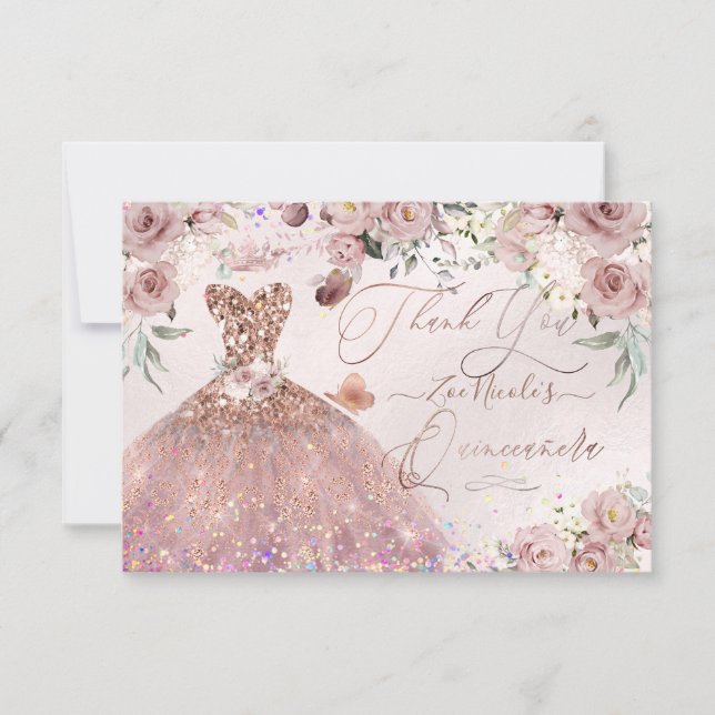 Invitation Quinceanera Merci Dusty Rose Parties scintillant c (Devant)