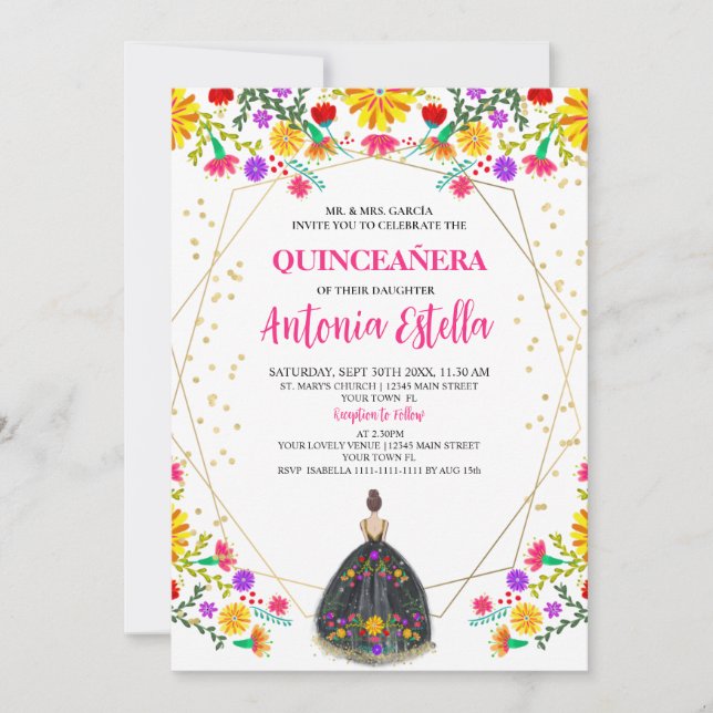 Invitation Quinceanera Mexicaine Fiesta Black Princesse robe (Devant)