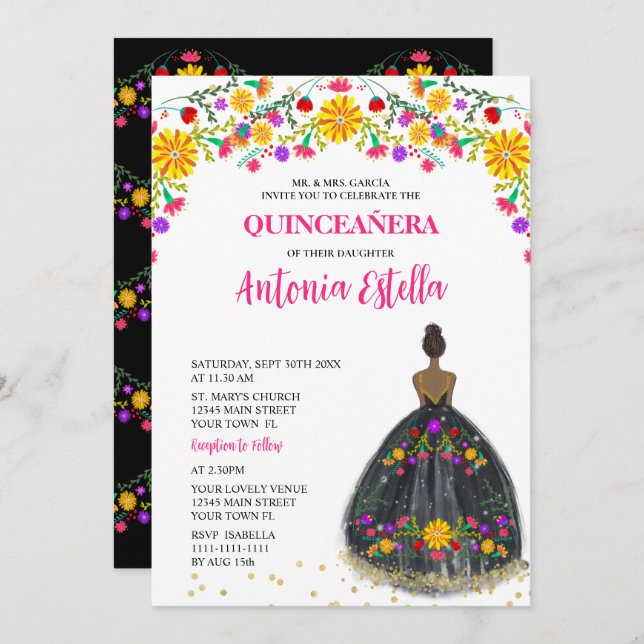 Invitation Quinceanera Mexicaine Fiesta Princesse robe (Devant / Derrière)