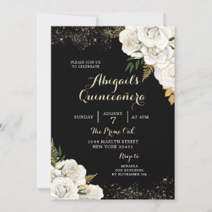 Invitation Quinceañera mexicaine Florale blanche et or