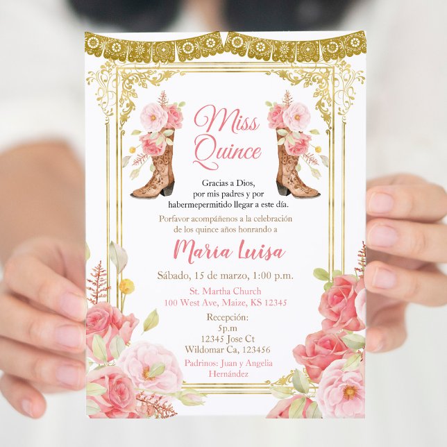 Invitation Quinceañera mexicaine Mademoiselle Rose et Or  (Créateur téléchargé)
