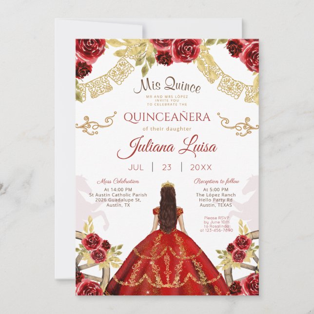 Invitation Quinceañera mexicaine rouge Or Quince Chevaux (Devant)
