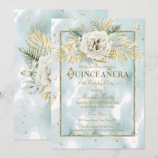Invitation Quinceanera Mint Turquoise marbre or Rose Floral (Devant / Derrière)