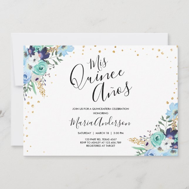 Invitation Quinceañera Mis Quince Años Blue Floral Anniversai (Devant)