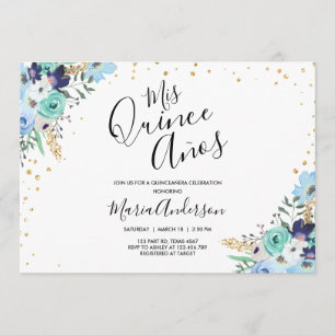 Invitation Quinceañera Mis Quince Años Blue Floral Anniversai
