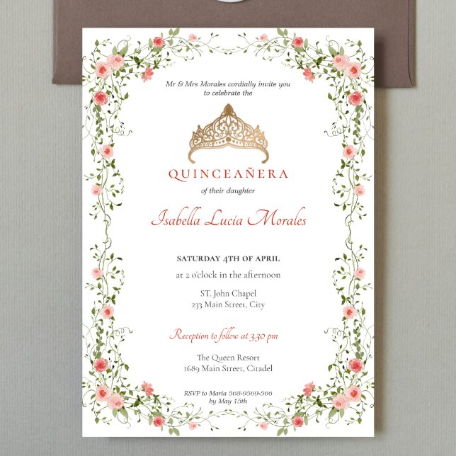 Invitation Quinceañera mis quince Tiara Floral (Créateur téléchargé)