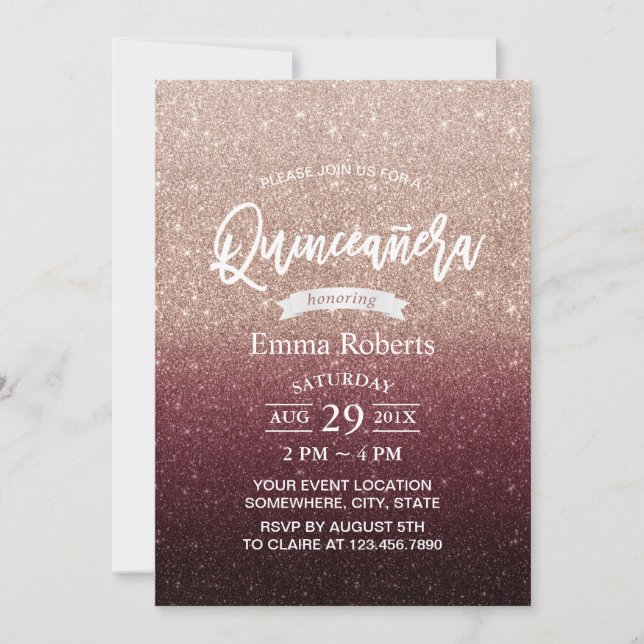 Invitation Quinceanera Moderne Bourgogne & Or Rose Ombre (Devant)